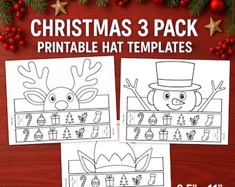 3er Pack Weihnachtshut Bastelbogen - Papierhüte zum ausdrucken und ausmalen Stirnbänder - Rentier, Schneemann & Elf | Sofortiger Download Kinderkronen PDF