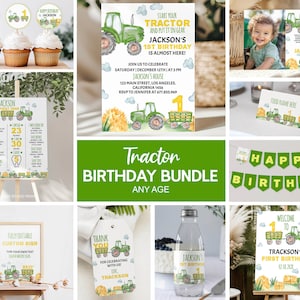 May include: A green and yellow tractor birthday party printable bundle. The bundle includes a welcome sign, a thank you tag, a water bottle label, a birthday banner, a sign with a list of things the child can do, and an invitation. The invitation says "Start your tractor and put it in gear, Jackson's 1st birthday is almost here!"