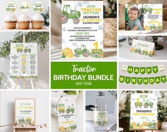 Editable Tractor 1st Birthday Invitation Bundle, Green Tractor Birthday Kit, Farm Boy 1st Party Package, Any Age, Printable Template. T003