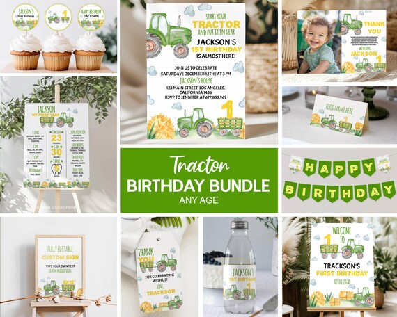 Editable Tractor 1st Birthday Invitation Bundle, Green Tractor Birthday Kit, Farm Boy 1st Party Package, Any Age, Printable Template. T003