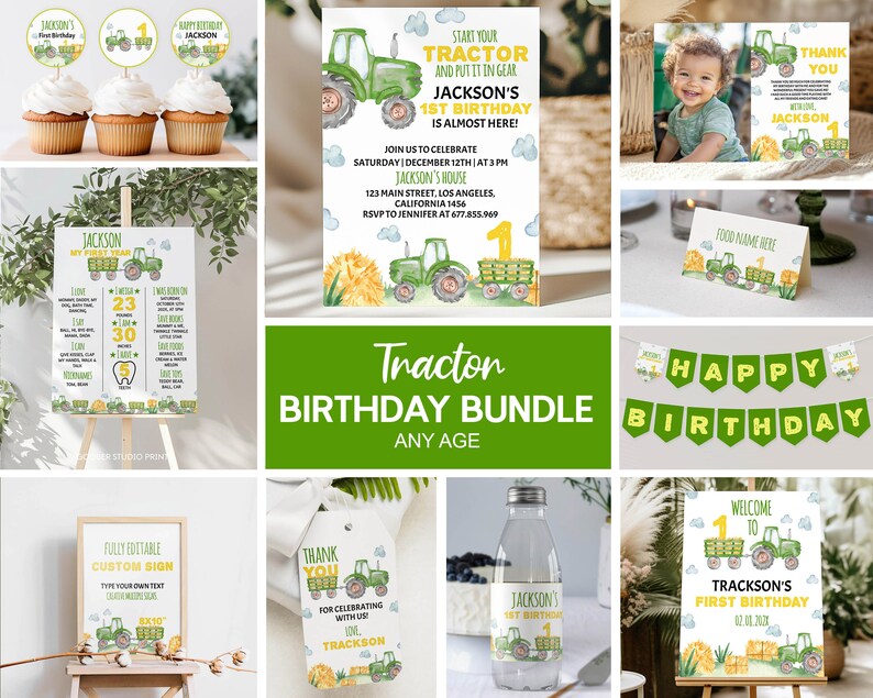 May include: A green and yellow tractor birthday party printable bundle. The bundle includes a welcome sign, a thank you tag, a water bottle label, a birthday banner, a sign with a list of things the child can do, and an invitation. The invitation says "Start your tractor and put it in gear, Jackson's 1st birthday is almost here!"