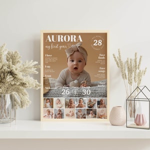 May include: A brown framed poster featuring a photograph of a baby girl with the text "AURORA my first year". The poster details the baby's first year, including favourite foods, songs, and books. It also includes a collage of photos of the baby at different ages.