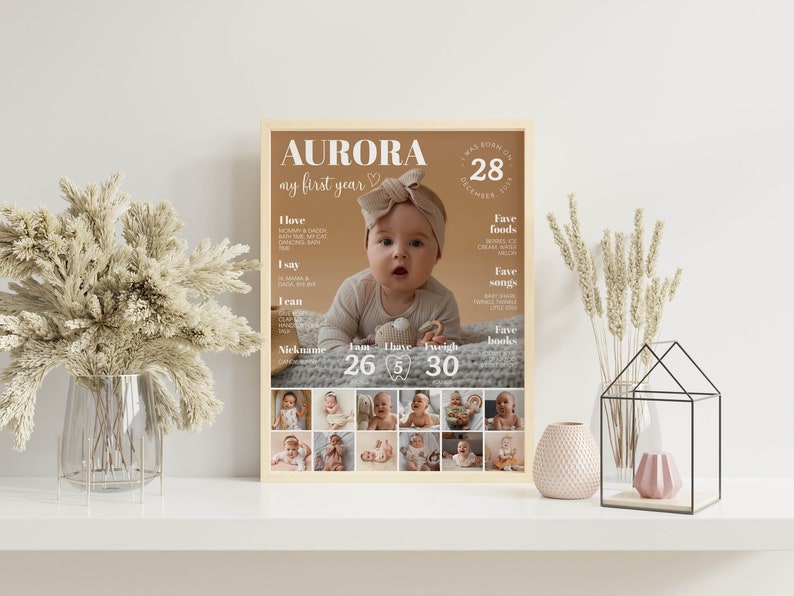 May include: A brown framed poster featuring a photograph of a baby girl with the text "AURORA my first year". The poster details the baby's first year, including favourite foods, songs, and books. It also includes a collage of photos of the baby at different ages.