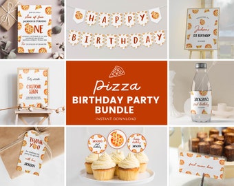 Editable Pizza Birthday Invitation Bundle, Pizza Party 1st Birthday Kit, Pizza Birthday Party Package, Instant Download. P013