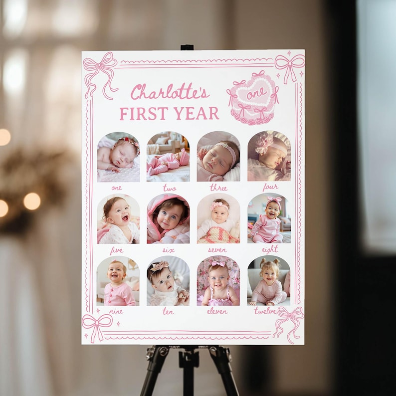 Pink Bow 1st Year Photo Collage, Girl First Birthday Photo Milestone, Vintage Pink Party Decor, Monthly Milestone Poster, Printable. The design is created for printing in sizes 16x20 and 18x24 inches. C014