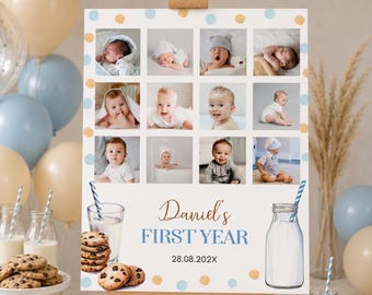 Editable Milk and Cookies First Year Photo Collage, One Sweet Cookie 12 Month Collage, One Sweet Boy First Birthday Milestone. C010