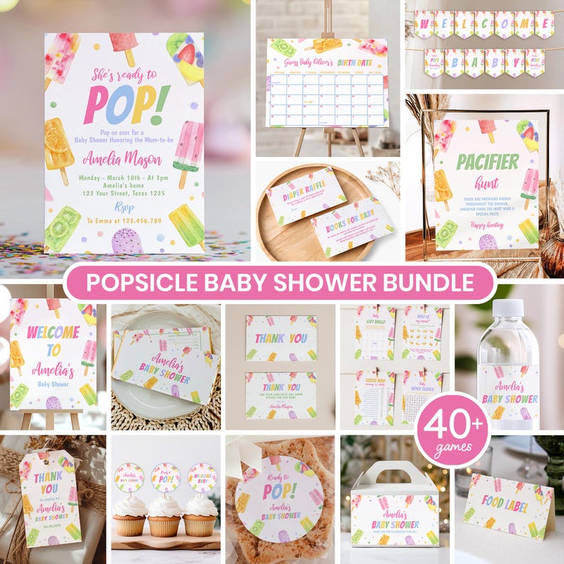 May include: A popsicle-themed baby shower bundle featuring invitations, games, signage, and labels. The set includes colorful illustrations of various popsicles, confetti patterns, and text such as She's ready to POP!, Welcome to Amelia's Baby Shower, and Pacifier Hunt.