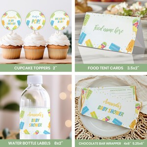 May include: A set of party supplies featuring a popsicle theme, including three 2-inch round cupcake toppers, a 3.5x2-inch food tent card, an 8x2-inch water bottle label, and a 4x5.25-inch chocolate bar wrapper, all with colorful popsicle graphics.