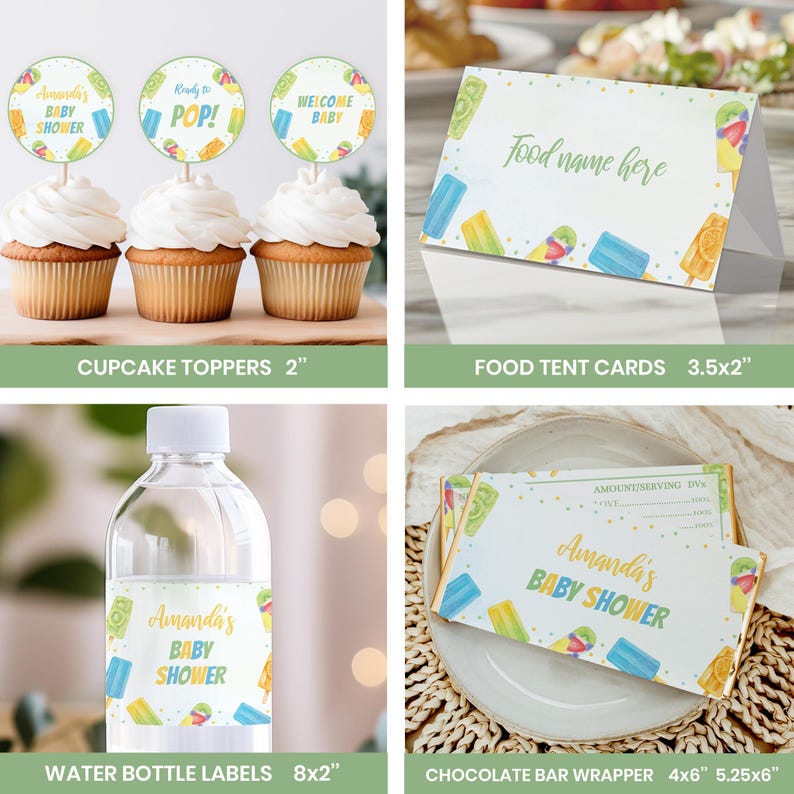 May include: A set of party supplies featuring a popsicle theme, including three 2-inch round cupcake toppers, a 3.5x2-inch food tent card, an 8x2-inch water bottle label, and a 4x5.25-inch chocolate bar wrapper, all with colorful popsicle graphics.