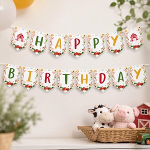 May include: A two-row banner featuring pennant-shaped flags with a farm theme. Each flag displays a letter spelling out HAPPY BIRTHDAY in colourful fonts, accented with illustrations of red barns, farm animals, sunflowers, and red pickup trucks.