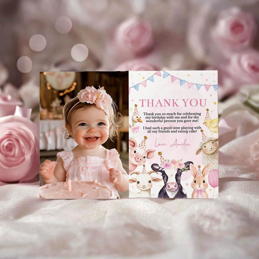 EDITABLE Farm Animals Birthday Thank You Card, Farm Girl Party Photo ...