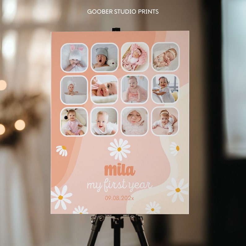 May include: A personalized baby milestone poster with a peach and white daisy design. The poster features twelve baby photos, the name "mila", and the text "my first year" with a date. The words "Goober Studio Prints" are at the top.