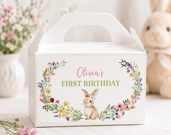 EDITABLE Wildflower Birthday Party Gable Gift Box Label, Bunny Favor Box Gable Label, Girl Birthday Party Favors, Printable Template. B023