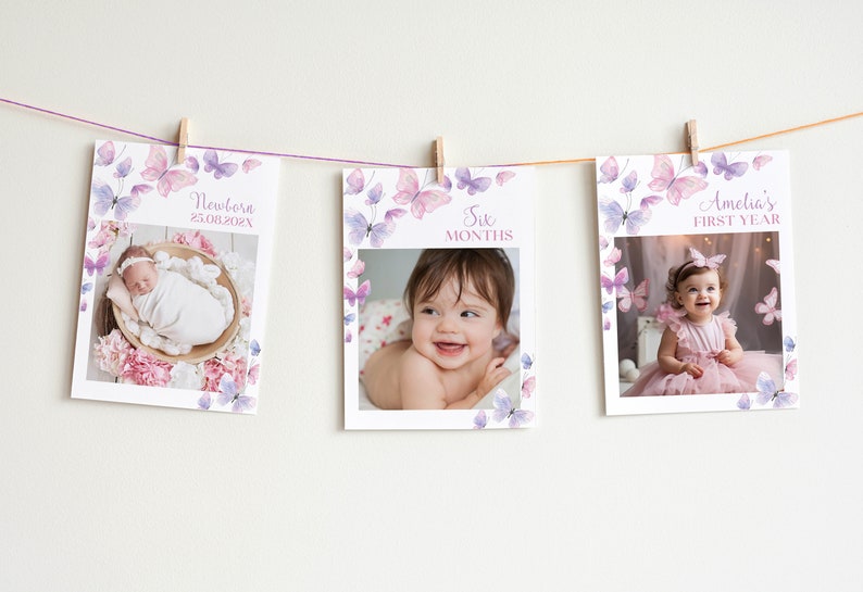 May include: Three photo cards with a butterfly theme. The first card shows a newborn baby in a basket with pink flowers. The second card shows a baby girl smiling at the camera. The third card shows a baby girl in a pink dress. The cards are decorated with purple and pink watercolor butterflies.