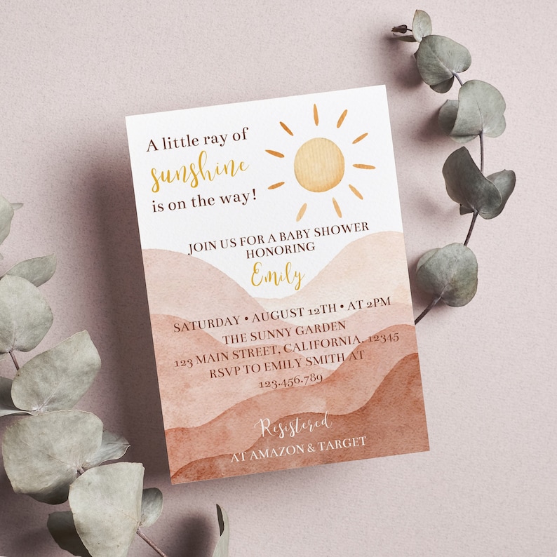 Editable Sunshine Baby Shower Invitation, A Little Ray Of Sunshine Boho Baby Shower Invite, You Are My Sunshine Party, Instant Download S005 image 1