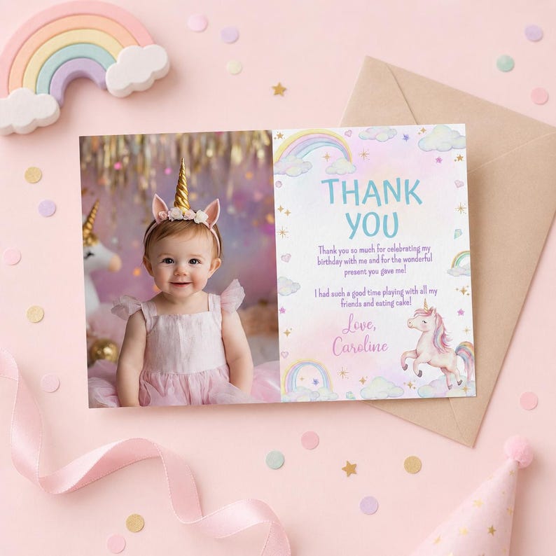 May include: A rectangular thank you card featuring a photograph of a child wearing a gold unicorn horn headband and a light pink dress. The card includes the text THANK YOU, a message about a birthday, the name Caroline, and unicorn graphics.