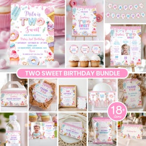 May include: A selection of pink and pastel party decorations with a "Two Sweet" theme. Includes invitations, banners, cupcake toppers, and favour boxes. The bundle features donuts, ice cream, and other sweets, ideal for a second birthday celebration.