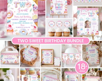 May include: A birthday party bundle featuring a Two Sweet theme with pastel-colored donuts, cupcakes, and ice cream illustrations. Includes invitations, banners, cupcake toppers, thank you tags, water bottle labels, and signs with pink text.