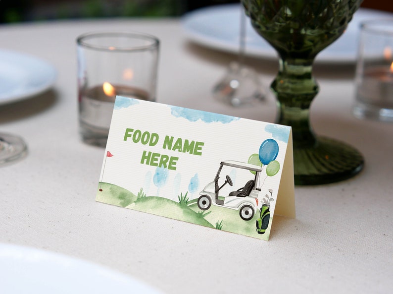 EDITABLE Golf Birthday Food Tent Card, Hole In One Birthday Food Name Card, Golf Theme Birthday Party Food Label, Printable Template. #G001 image 1
