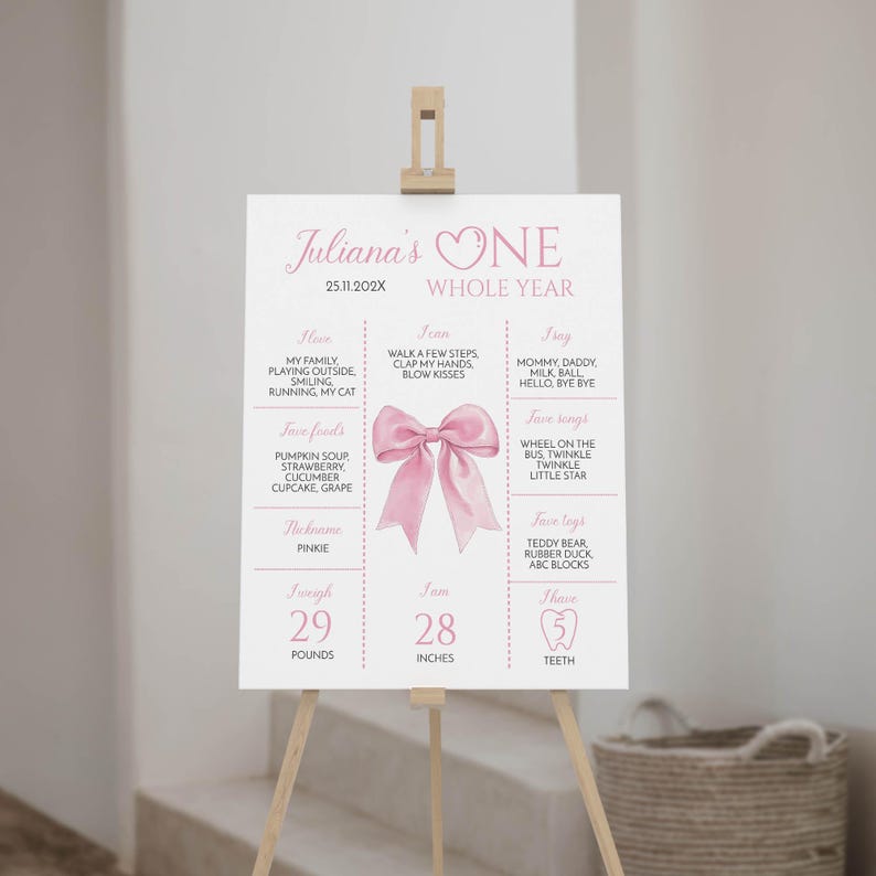 May include: A pink and white milestone sign on an easel. The sign reads "Juliana's ONE WHOLE YEAR" with details about the child's favorite things, measurements, and milestones. The sign includes a pink bow graphic.