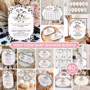 Lot d'invitations modifiables pour baby shower vache, faire-part pour baby shower ferme fille, faire-part vache sacrée, c'est une fille, modèle imprimable. C009