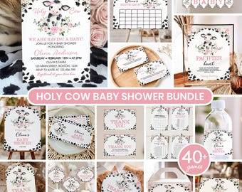 Holy Cow Baby Shower Invitation Bundle, Girl Farm Baby Shower Invitation Set, It's A Girl Shower Invitation Package, Printable Template C009