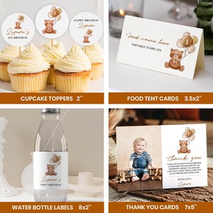Editable Beary First Birthday Invitation Set, Neutral Bear 1st Birthday Bundle, Teddy Bear Birthday Decor Kit, Instant Download. T004 image 5