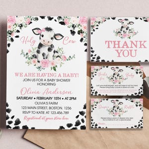 EDITABLE Cow Baby Shower Invitation, Pink Floral Baby Shower Invitation Farm Baby Shower Invite, It&#39;s a Girl Invitation, Printable. C009