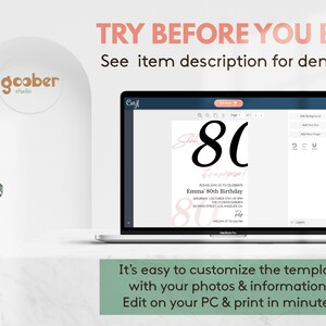 May include: A laptop displaying a digital birthday invitation template on its screen. The invitation features the large black text 80, the phrase Shh it's a surprise, and details for Emma's 80th Birthday. The screen includes editing tools and menus.