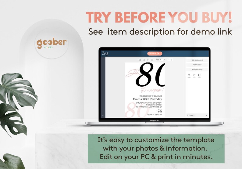 May include: A laptop displaying a digital birthday invitation template on its screen. The invitation features the large black text 80, the phrase Shh it's a surprise, and details for Emma's 80th Birthday. The screen includes editing tools and menus.