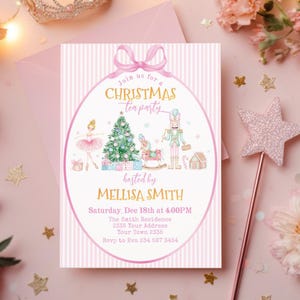 May include: A rectangular invitation card with a pink and white striped background featuring a central oval frame with a pink bow. The text reads Join us for a CHRISTMAS tea party hosted by MELLISA SMITH, Saturday, Dec 18th at 4:00PM, The Smith Residence, 2335 Your Address, Your Town 2335, Rsvp to Eva 234 567 3454. Illustrations include a ballerina, a Christmas tree, a rocking horse, a nutcracker, and a gingerbread house.