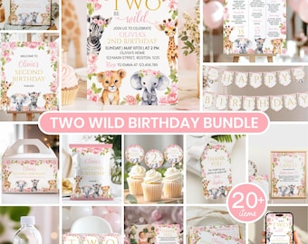 Paquete de cumpleaños Born Two Be Wild / Kit de decoración para fiesta de safari floral rosa / Decoración de animales de la jungla para el segundo cumpleaños / Imprimible / A006