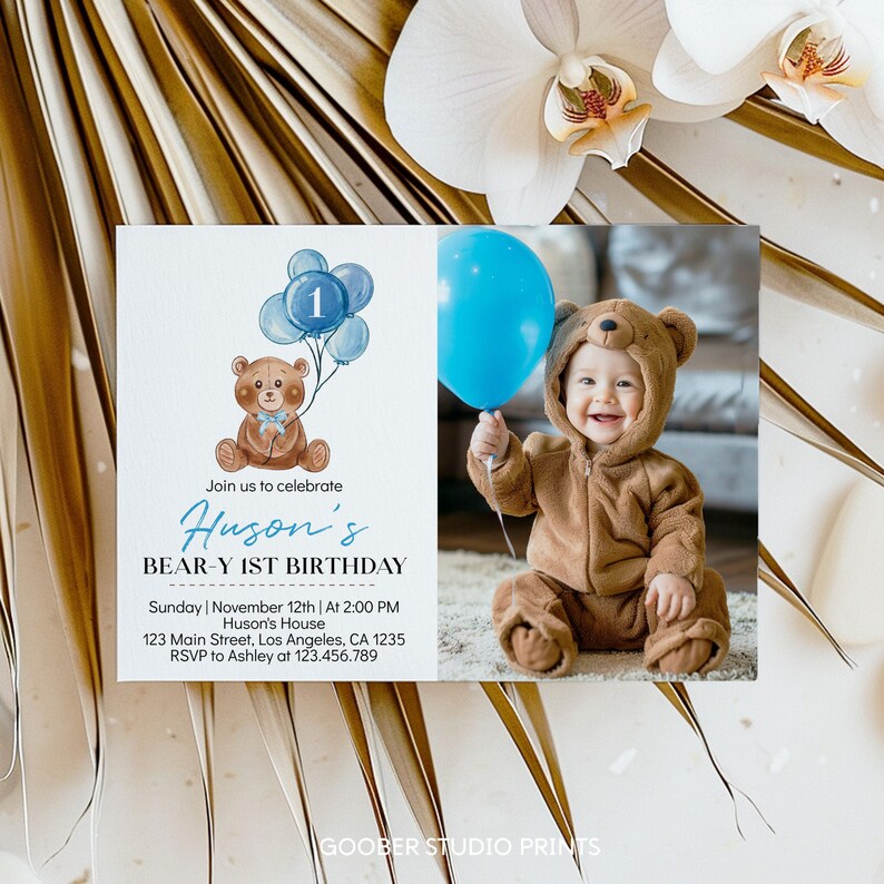 BEWERKBARE Beary eerste verjaardagsuitnodiging, Bear verjaardagsuitnodiging, minimale blauwe ballonnen teddybeer uitnodigen sjabloon, Instant Download. T004 afbeelding 5