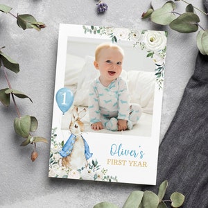 Vintage Bunny First Year Photo Banner, 12 Months Photo Banner, Classic Rabbit Birthday Decor, Boy 1st Birthday Photo Banner, Printable. P007 image 3