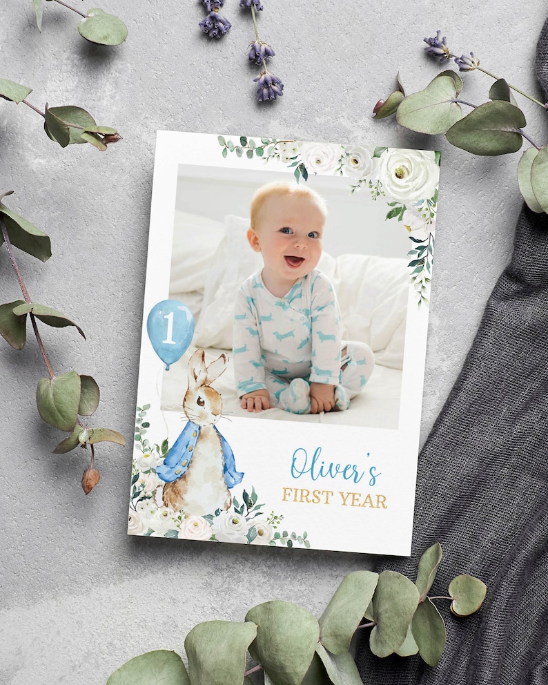 Vintage Bunny First Year Photo Banner, 12 Months Photo Banner, Classic Rabbit Birthday Decor, Boy 1st Birthday Photo Banner, Printable. P007 image 3