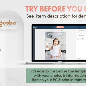 May include: A laptop screen displaying a customizable digital milestone poster template featuring a baby in a white dress. The interface includes text fields for name, age, and developmental facts. Text reads: TRY BEFORE YOU BUY! See item description for demo link.
