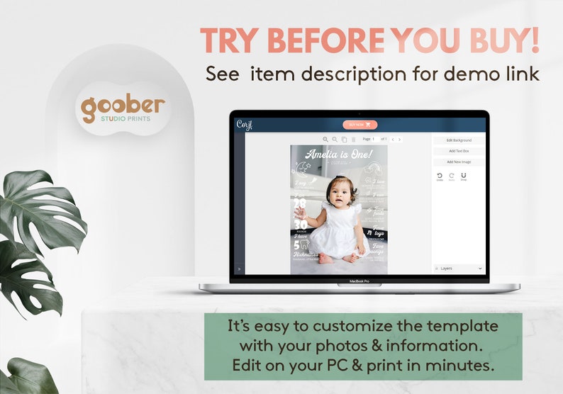 May include: A laptop screen displaying a customizable digital milestone poster template featuring a baby in a white dress. The interface includes text fields for name, age, and developmental facts. Text reads: TRY BEFORE YOU BUY! See item description for demo link.