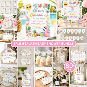 May include: A Splish Splash baby shower bundle featuring over 80 items including invitations, thank you cards, cupcake toppers, favor boxes, water bottle labels, and banners decorated with tropical motifs like flamingos, pineapples, and suns.