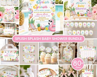Splish Splash  Baby Shower Bundle | Pool Party Baby Shower Invitation Set | Tropical Summer Baby Shower Games Decor. S027