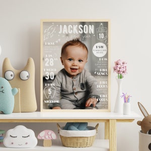 May include: A chalkboard-style first birthday poster featuring a photo of a baby boy. The poster details the baby's age, weight, and other milestones. The poster is decorated with a rocket ship, hearts, and other illustrations.