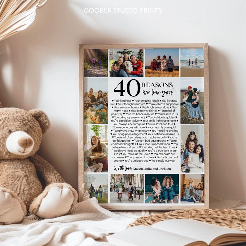 Editable 40 Reasons We Love You Poster, 40th Birthday Gift for Him for Her, Custom Photo Collage Gift, Personalized Printable Template. M004