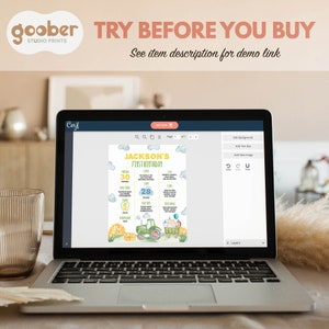 May include: A laptop screen displaying a customizable first birthday milestone poster for Jackson. The design features a green tractor, yellow text, and blue clouds. It includes sections for weight in pounds, height in inches, favorite foods, songs, and toys, all set against a white background with illustrated farm elements.
