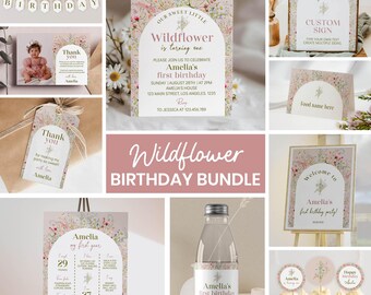 Wildflower Birthday Invitation Bundle, Boho Wildflower 1st Birthday Kit, Wild One Girl Floral Birthday Decor Package, Editable Template W014