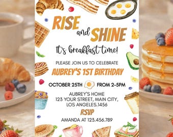 EDITABLE Birthday Brunch Invitation, Rise and Shine Birthday Invite, Any Age Birthday Invitation, Breakfast Birthday, Printable. B020