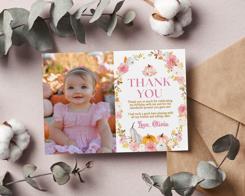 EDITABLE Pumpkin 1st Birthday Thank You Card, Boho Pumpkin Picture Thank You Card, Our Little Pumpkin Is One Birthday, Instant Download P015