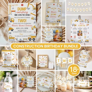 May include: A construction-themed birthday party bundle featuring yellow and grey heavy machinery graphics. Includes invitations, banners, favor tags, cupcake toppers, water bottle labels, and signage with text like DUMP everything AND JOIN THE CREW.