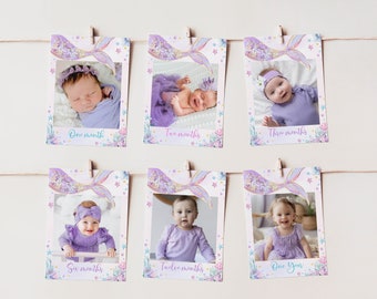 Banner de primer cumpleaños de sirena editable, banner de primer año de sirena, impresión de foto de 12 meses, foto del primer año del bebé, plantilla personalizable M010.