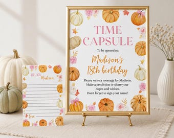 EDITABLE Boho Pumpkin Time Capsule Template, Pumpkin 1st Birthday Time Capsule & Cards, Pink Bow Birthday Keepsake, Instant Download. P018