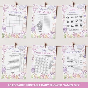 Puede incluir: Seis tarjetas de juego rectangulares de papel para baby shower con criaturas marinas en acuarela como delfines, ballenas, medusas y pulpos. Las tarjetas incluyen Baby Gift Bingo, Word Scramble, Who Is My Mama, Over or Under, Word Search y Baby Predictions.