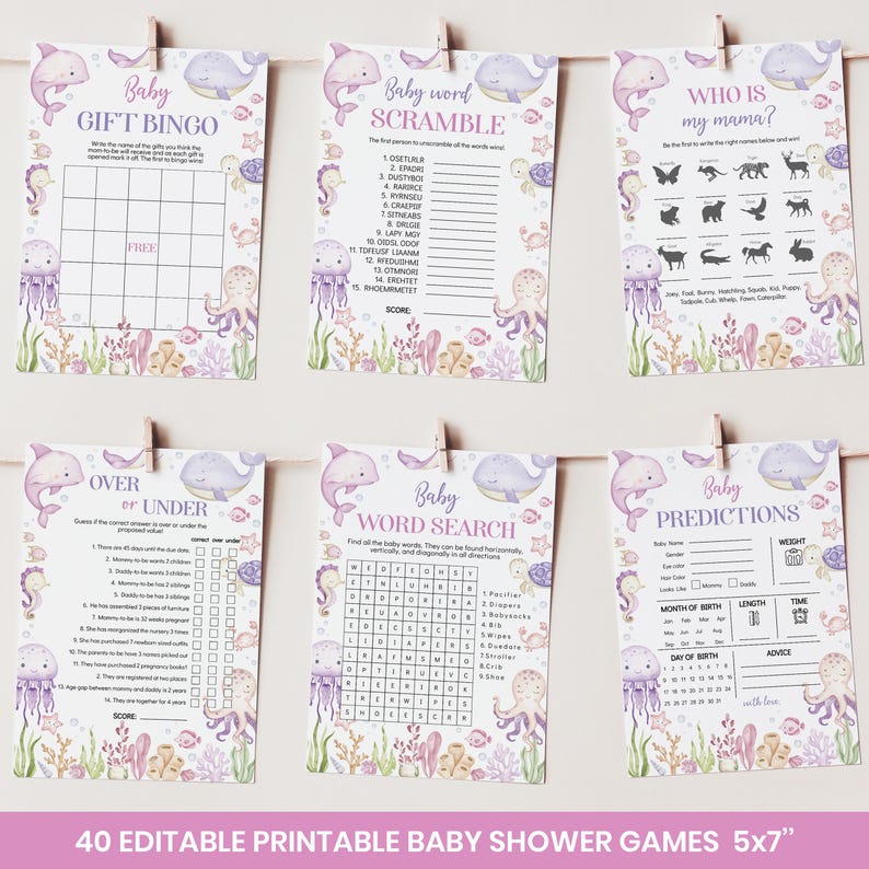 Puede incluir: Seis tarjetas de juego rectangulares de papel para baby shower con criaturas marinas en acuarela como delfines, ballenas, medusas y pulpos. Las tarjetas incluyen Baby Gift Bingo, Word Scramble, Who Is My Mama, Over or Under, Word Search y Baby Predictions.